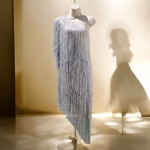 Vtg Silver Fringe Flapper Swiftie Dress One Shoulder Gypsy Sz L Taylor Swift Era
